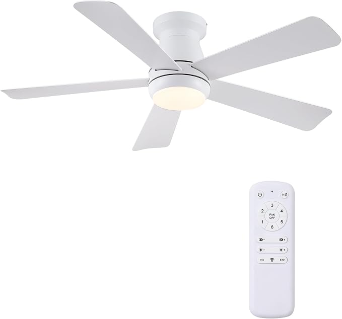 Hounberi 46 Inch Low Profile Ceiling Fan with Light, Modern Flush Mount Ceiling Fans for Low Ceilings, Quiet DC Motor Bedroom Fan, 3CCT Dimmable, Reversible Blades, High Airflow, Energy Saving, White