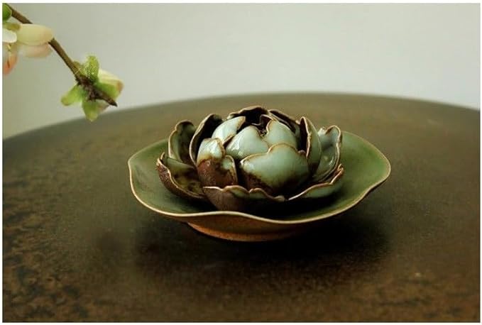 Collectible Handmade Chinese Ceramics, Medium Peony Ceramic Incense Stick Holder, Handicraft Flower Lotus Incense Burner Bowl Ash Catcher Inscent Tray for Home Decor and Gift, 2.55 Inch, Green