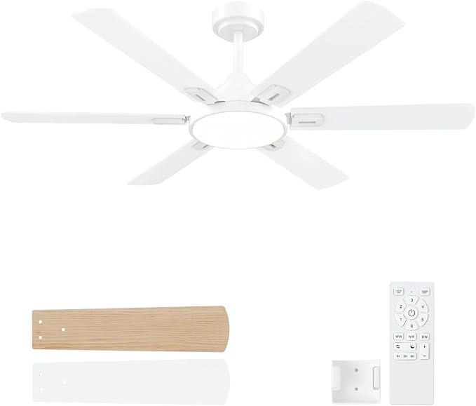 52 Inch Ceiling Fans with Lights, 6 Wooden Blades, White | Remote Control, Reversible Quiet DC Motor, 6-Speed, 3CCT Dimmable LED, Timer for Living Room, Bedroom, Office
