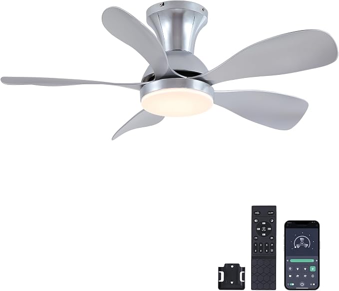 NKPU 33In Nickel Low Profile Ceiling Fans with Lights and Remote/APP Control, Modern Flush Mount Ceiling Fan with 5 Reversible Blades for Outdoor Patio,Small Room,Bedroom