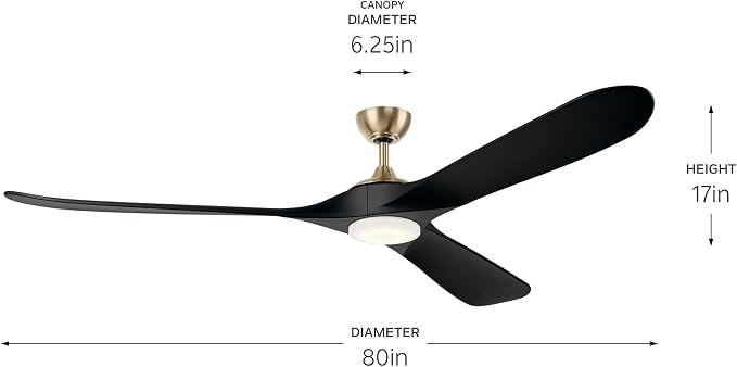 KICHLER Mylo 80 in Modern Ceiling Fan with Light and Remote Control, Satin Etched Cased Opal Glass, Solid Jet Black Wood Blades in Champagne Bronze for Large Rooms, 310580CPZ