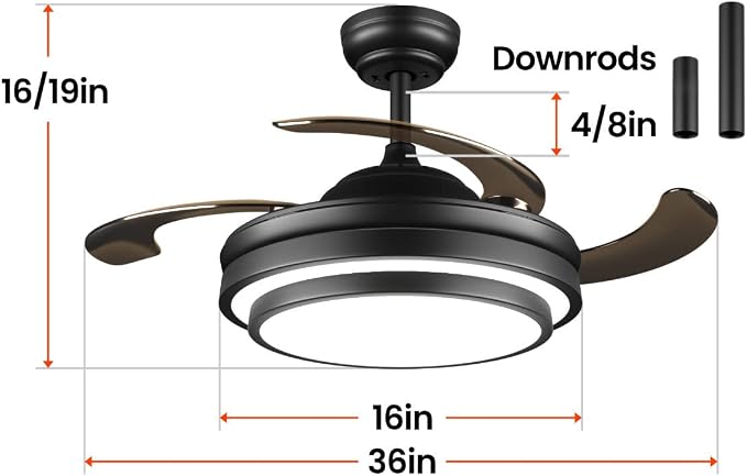 36 Inche Modern Black Ceiling Fan with Dimmable LED Light, Retractable Celing Fan with APP/Remote Control, 6 Speed,for Bedroom Live Room