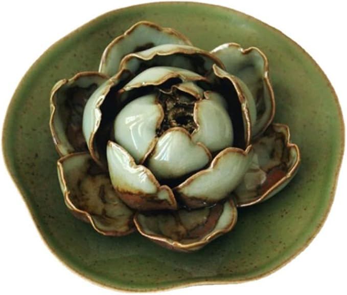 Collectible Handmade Chinese Ceramics, Medium Peony Ceramic Incense Stick Holder, Handicraft Flower Lotus Incense Burner Bowl Ash Catcher Inscent Tray for Home Decor and Gift, 2.55 Inch, Green