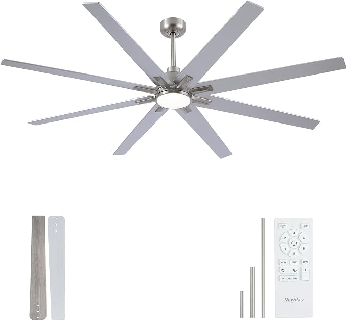Newday 72 inch Brushed Nickel Modern Ceiling Fans with Lights and Remote, Indoor/Outdoor Ceiling Fan for Living Room Patio, 6 Speed Reversible Quiet DC Motor, 3 CCT, Dual Finish Blades