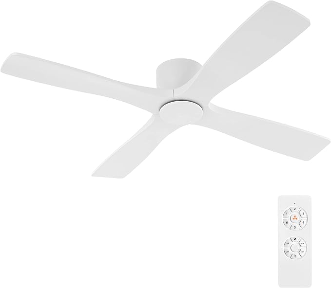 WINGBO 60 Inch Flush Mount DC Ceiling Fan without Lights, 4 Reversible Carved Wood Blades, 6-Speed Noiseless DC Motor, Hugger Ceiling Fan No Lights in Gloss White with White Blades