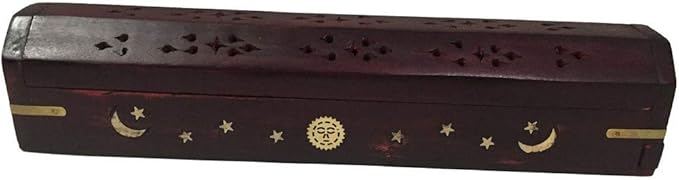POSHNPRETTY Handmade Celestial Coffin Wooden Incense Box Burner with Brass Inlay (Black)