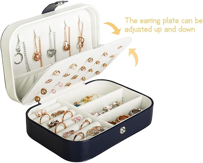 Hatori Travel Jewelry Box, PU Leather Small Jewelry Organizer for Women Girls, Double Layer Portable Mini Travel Case Display Storage Holder Boxes for Stud Earrings, Rings (Blue)