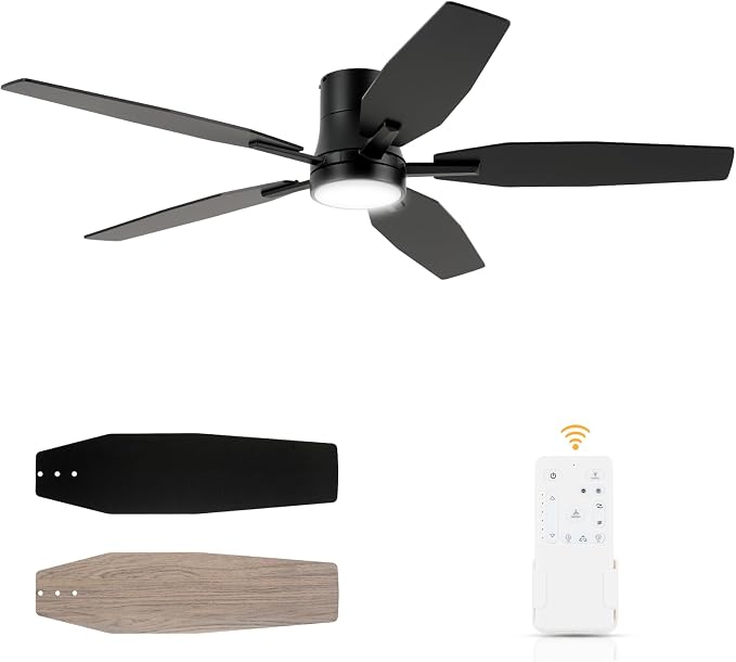 52" Flush Mount Ceiling Fan - 5 Blades Ceiling Fan with Light for Living Room and Bedroom - 5000 CFM - Quiet DC Motor - Dimmable - Reversible Function - Black