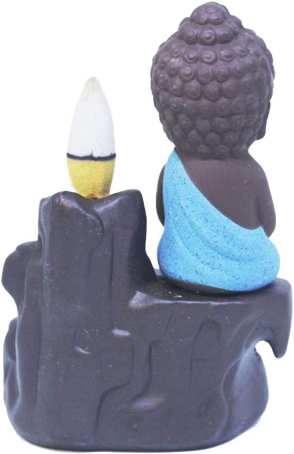 Incense Burner Smoke Waterfall Backflow Holder Ceramics Porcelain Buddha Little Monk Tower Cones Sticks Ash Catcher(Blue)