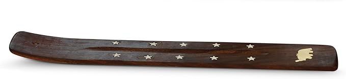 Brass Elephant Inlay Handmade Wooden Incense Stick Holder, Ash-Catcher