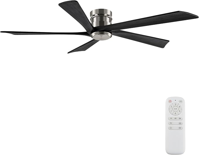 EKIZNSN 72 Inch Brushed Nickel Flush Mount Ceiling Fans without Light for Patios, 110V Noiseless Reversible DC Motor, 6-Gear Speed (Nickel Finish with Black Blades)