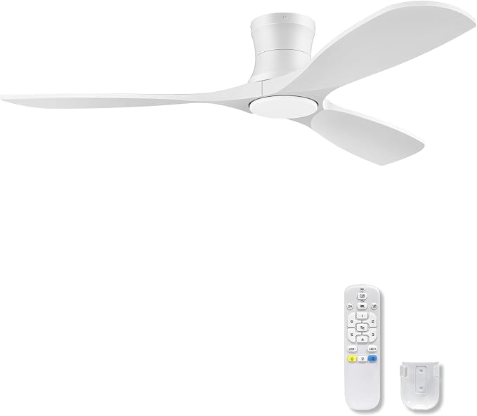52" White Wood Flush Mount Ceiling Fans with Lights and Remote,Quiet DC Motor,Dimmable,Reversible,Ultra Low Profile Ceiling Fan for Master Bedroom Living Room Patio,Modern Indoor/Outdoor Use