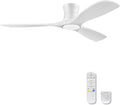 52" White Wood Flush Mount Ceiling Fans with Lights and Remote,Quiet DC Motor,Dimmable,Reversible,Ultra Low Profile Ceiling Fan for Master Bedroom Living Room Patio,Modern Indoor/Outdoor Use