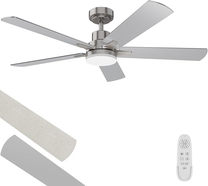 Ceiling Fan With Light 52-Inch, Remote Control Reversible DC Motors, 3CCT Dimmable Timer Noiseless, Nickel Ceiling Fan for Bedroom Living Room, Indoor&Outdoor ETL Listed