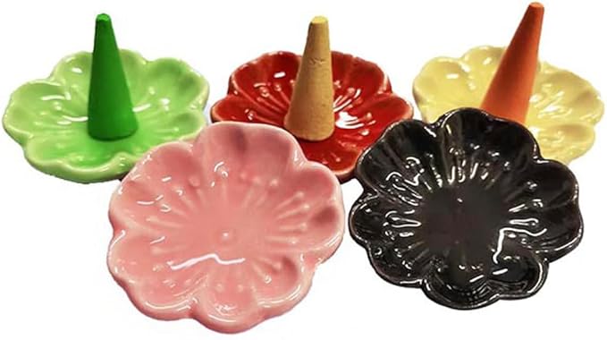 6Pcs Small Ceramics Tower Incense Tray Holder Cherry Blossoms Design Incense Cones Holder Plate Dish Incense Cones Burner Tray Fragrance Accessories for Yoga Room Home Use, Random Color