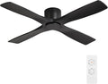 WINGBO 48 Inch Flush Mount DC Ceiling Fans without Lights, 4 Carved Solid Wood Blades, 6-Speed Reversible DC Motor, Low Profile Hugger Ceiling Fan No Lights for Indoor and Outdoor, Matte Black