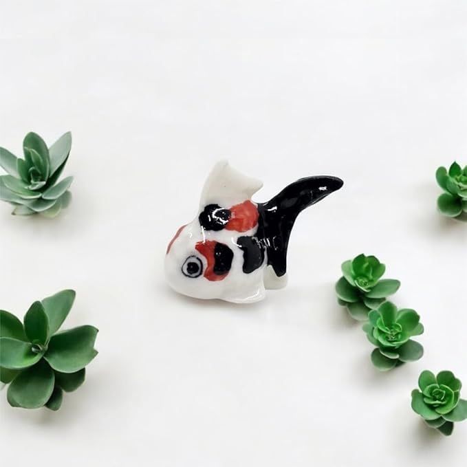 WitnyStore Tiny ⅞ Inch Black White Red Oranda Goldfish Figurine - Miniature Hand Made Painted Ceramic Ryukin Fantail Gold Fish Aquarium Animals Cute Porcelain Decorative Collectible Figure Décor Gifts