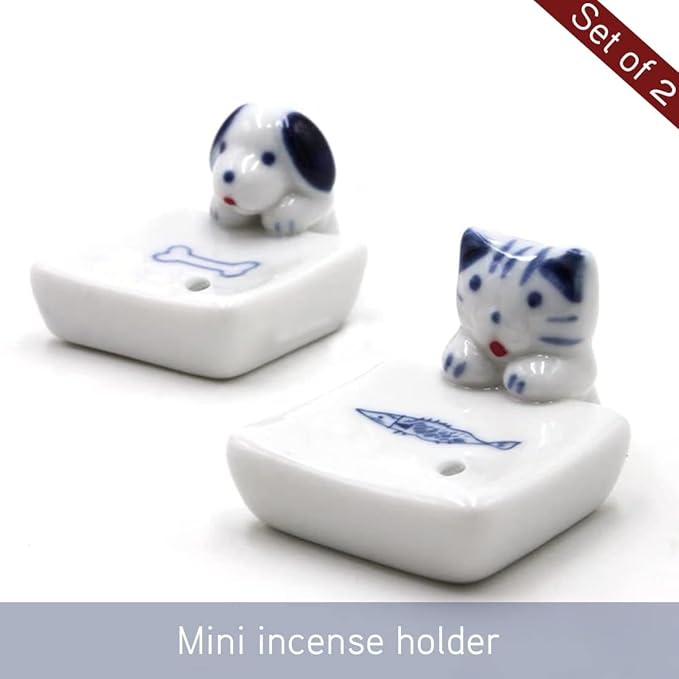 Set of 2, Japanese Mini Cute Kitty Cat with Dog Handmade White Ceramic Incense Stick Holder or Incense Burner Holder, Inscent Tray for Home Decor Yoga Spa Meditation, 1.42 inches