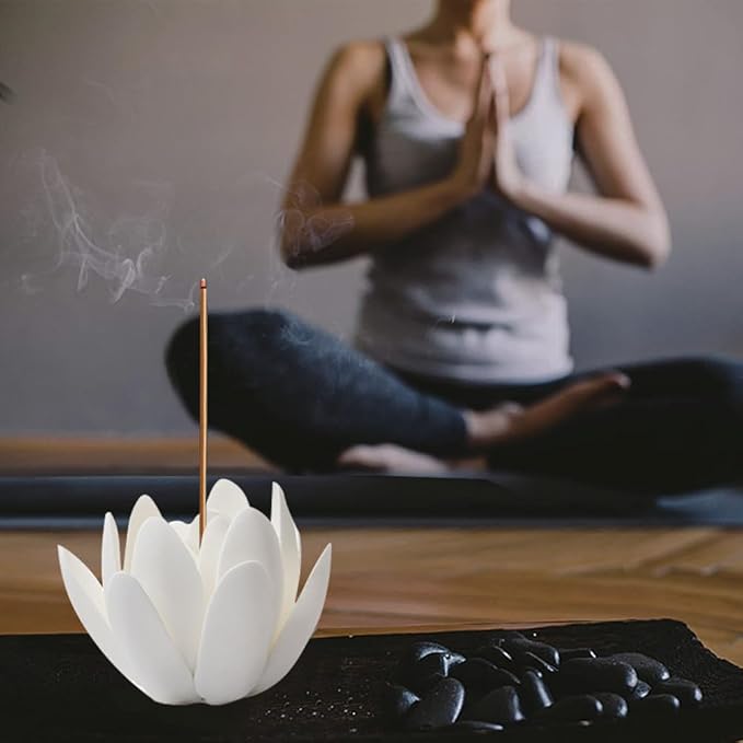 GORGECRAFT Ceramic White Lotus Incense Burner Flower Cone Incense Sticks Holder Handmade Porcelain Petals Style Coil Base Support Stand for Yoga Studio Living Room Home Fragrance Decoration