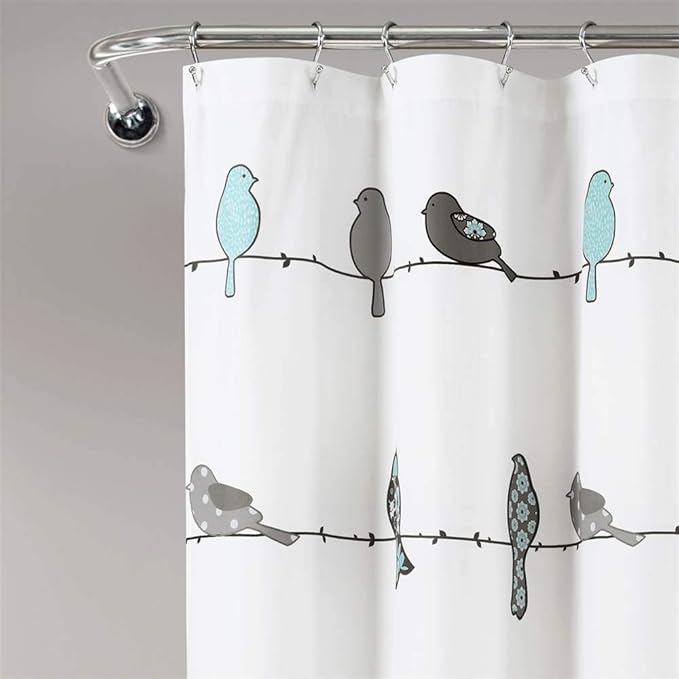 Lush Decor Rowley Birds Shower Curtain, 72” W x 72” L, Blue & Gray - Colorful Floral Bird Pattern - Whimsical & Playful Bird Shower Curtain - Farmhouse, Coastal, & Boho Bathroom Decor