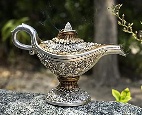 Ebros Gift Floral Ornate Aladdin Genie Magical Lamp Shaped Backflow Incense Cone Holder Burner Figurine Altar Arabian Night Middle Eastern Magic Lamps Design Home Aromatherapy Accent Sculpture