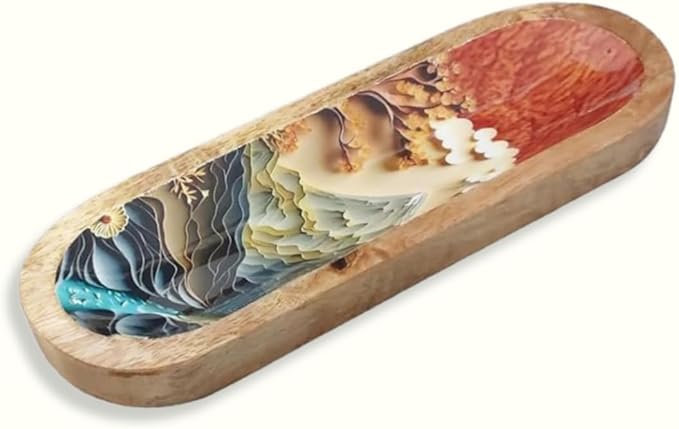 Bless-International Traditional-Handmade-Tray-Burner Wooden-Trat-Incense-Stick-Holder Ash-Catcher-Stand for-Aromatherapy-Meditation-Yoga (Beautiful Mountains, 11x4x1.22 Inches)