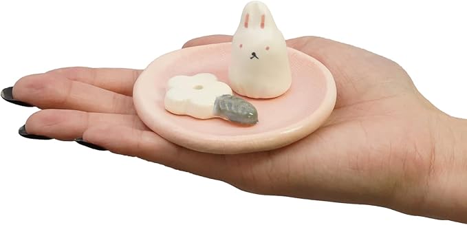 Charming Animal Series Ceramic Incense Holder, Japanese Pottery, Perfect for Relaxation and Concentration, Made in Japan (Florets and Rabbit)