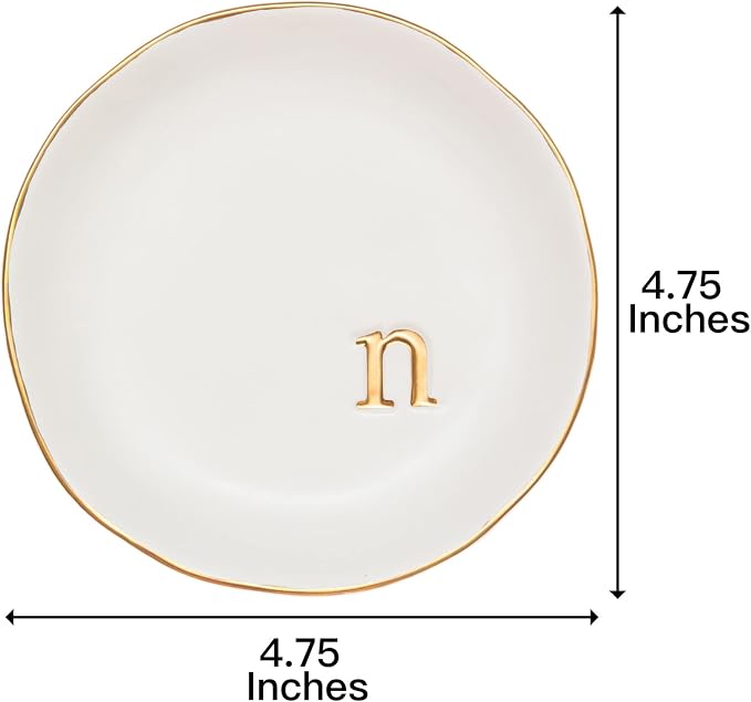 COLLECTIVE HOME Ceramic Jewelry Tray, Trinket Dish, Gifts for Women (N) | Mother's Day, Birthday, Christmas, Engagement Gifts, Vanity, Nightstand Decor, Embossed Gold Monogram Ring Dish with Gift Box