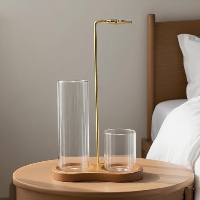 2 in 1 Incense Holder, Wooden Incense Holder for Sticks with Glass Ash Catcher Anti-Ash Flying Upside Down Insence Stick Burner for Meditation Yoga Spa Room Decor (Gold, 7.87“+2.75”)