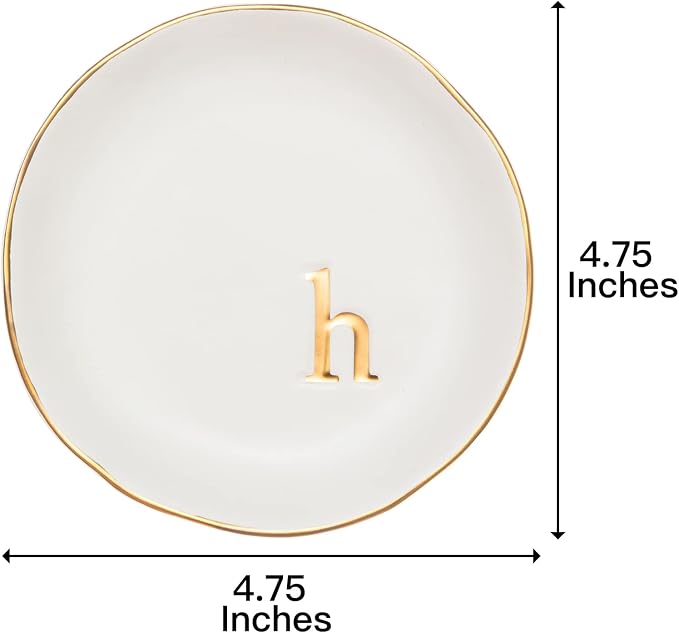 COLLECTIVE HOME Ceramic Jewelry Tray, Trinket Dish, Gifts for Women (H) | Mother's Day, Birthday, Christmas, Engagement Gifts, Vanity, Nightstand Decor, Embossed Gold Monogram Ring Dish with Gift Box