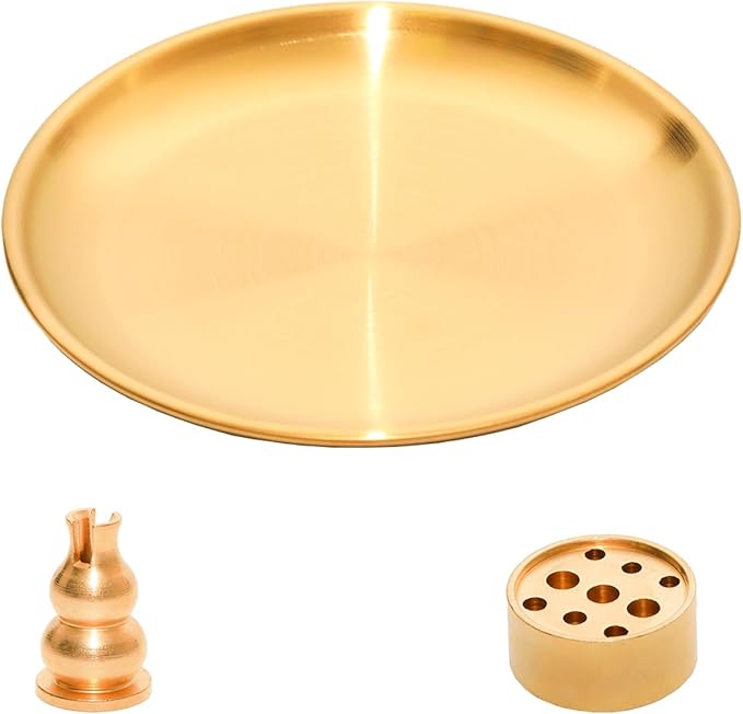 3 in 1 Incense Burner, 5.51 Inch Incense Holder Set for Incense Sticks, Coil Incense and Incense Cones, Multi-Functional, Brass Ash Catcher, Gourd-Shaped Tray（Gold）