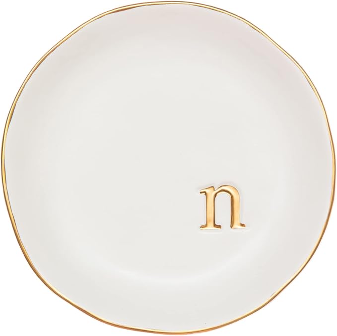 COLLECTIVE HOME Ceramic Jewelry Tray, Trinket Dish, Gifts for Women (N) | Mother's Day, Birthday, Christmas, Engagement Gifts, Vanity, Nightstand Decor, Embossed Gold Monogram Ring Dish with Gift Box