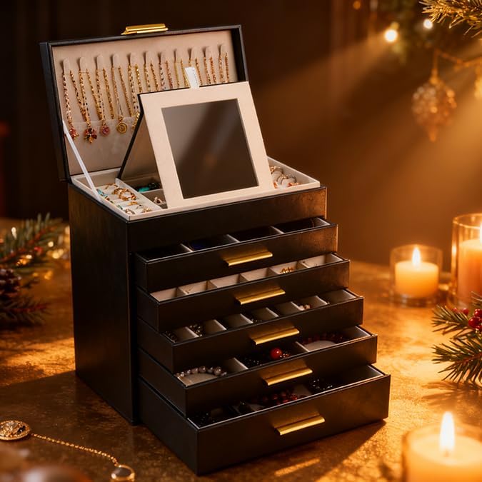 BOOVO Jewelry Boxes for Women, White and Black 6 Layer Large Jewelry Box for Necklace, Bracelet, Earrings, Rings Storage, Jewelry holder Organizer for Girls Gift (Black and Gold, 6 layer)