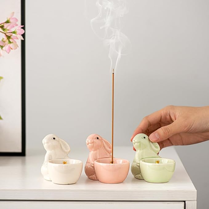 ARFUKA Incense Holder Ceramic Incense Stick Holder Incense Burner Rabbit Design Insence Holder with Ash Catcher for Meditation Yoga Spa Room Décor Pack of 3