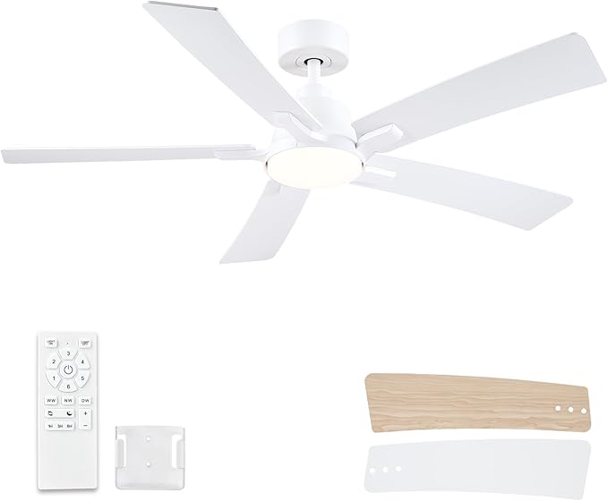52 Inch White Downrod Ceiling Fans with Lights and Remote | 3CCT Dimmable LED, 6 Speed, Quiet DC Motor, 3-Level Timer Function, Forward/Reserve For all Seasons, Indoor/Covered Outdoor