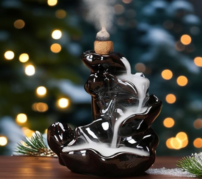 Waterfall Incense Burner, Lotus Backflow Incense Holder Ceramic Censer Cones Sticks Porcelain Holder with 60 Free Mixed Aromatherapy Cones