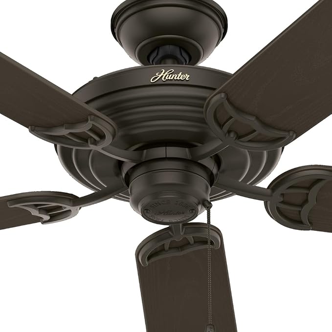 Hunter Sea Air, Outdoor or Indoor, Ceiling Fan, 52 inch, New Bronze | No Light, Standard Mount, Pull Chain, 5 Blades, For Living Room, Patio, Porch, Garage, 53061