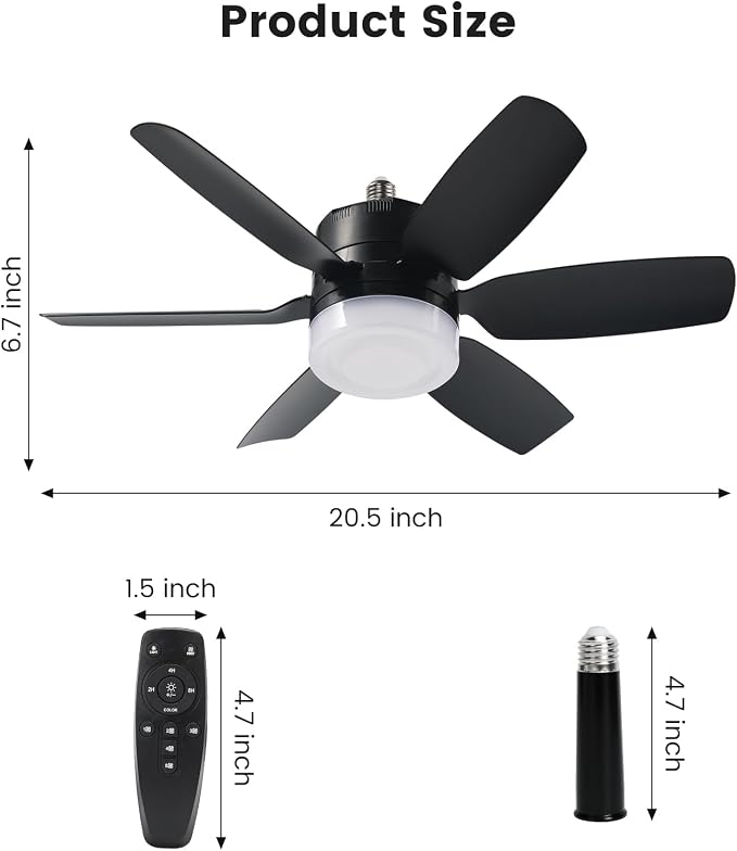 Fanspex 20.5'' Socket Ceiling Fan Light for Home Living Room Bedroom Garage | 5 Fan Speeds with 3 Colors Adjustable Light, 8 Hours Timer, Black