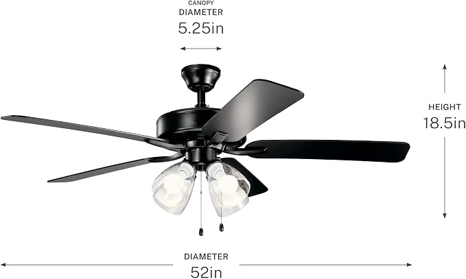 Kichler Basics Pro Premier 52 in Ceiling Fan with Light, Reversible Blade Indoor Fan with 4200 CFM High Airflow in Satin Black, LED Bulbs Included for Bedroom or Kitchen, 330016SBKS