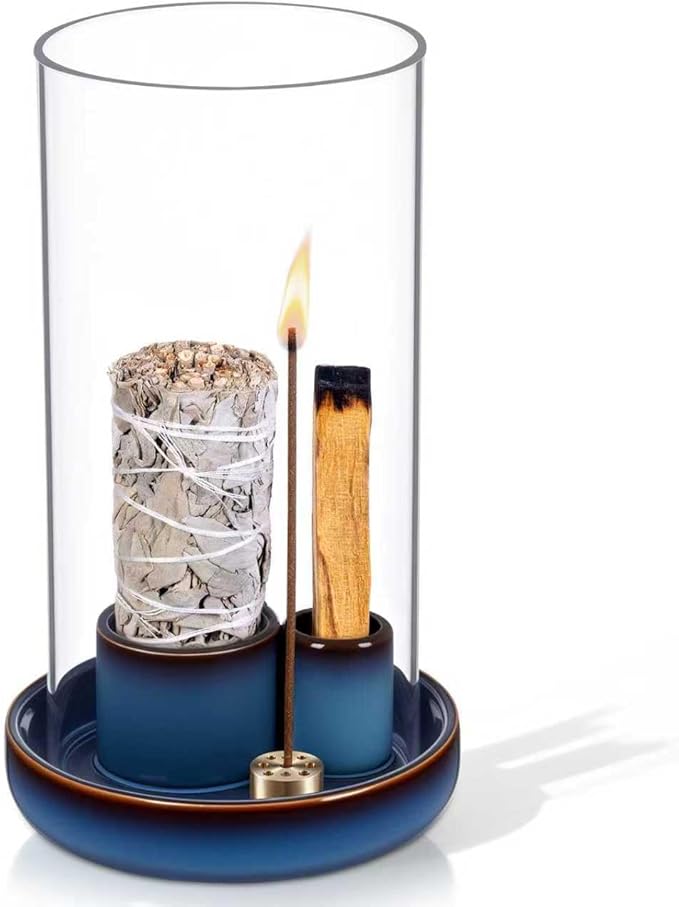 Incense Holder for Sticks with Glass Ash Catcher, Anti-Ash Flying, 4 in 1 Incense Burner Palo Santo Holder Insence-Stick Holder and Candle Holder for Burning Sage and Sticks for Burning
