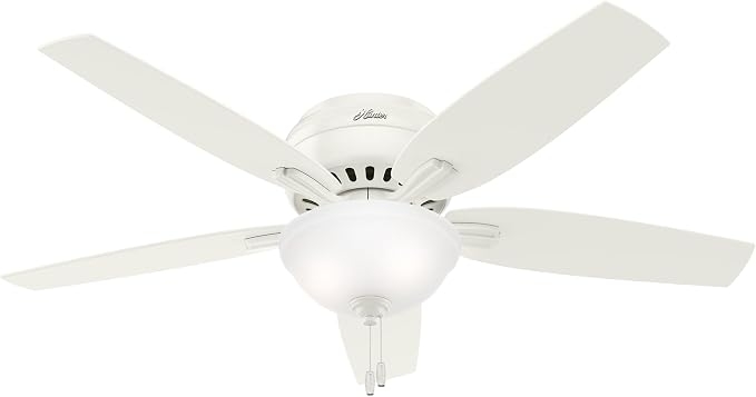 Hunter 52 inch Indoor Ceiling Fan with LED Light - White Ceiling Fan with Pull Chain, For Bedroom or Living Room, Low Profile Flush Mount, No Remote, 5 Blades - Newsome 53313, Fresh White