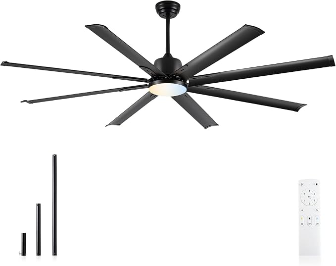 72 lnch lndustrial Celing Fan with Light and Remote Control,Large Celing Fan with 8 Black Aluminum Blades,6 Speed Noiseless DC Motor,Wet Rated Indoor Outdoor Ceiling Fans for Patio,Garage,Exterio
