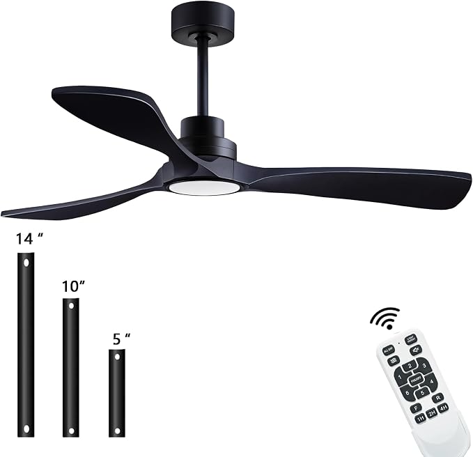 52-inch Silent Ceiling Fan Light with Remote Control, Black Wood Finish. | 3CCT, mobile app, full memory function, for use in living rooms, dining rooms, bedrooms, offices, balconies, and outdoors.