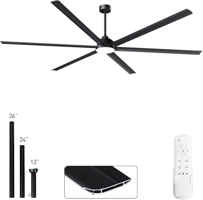 Minislak 100 Inch Large Industrial HVLS Ceiling Fan with 6 Black Double-Layer Aluminum Blades,High CFM Ceiling Fan with Light and Remote,12/24/36in Downrod,Quiet DC Motor Outdooor Fan for Patio