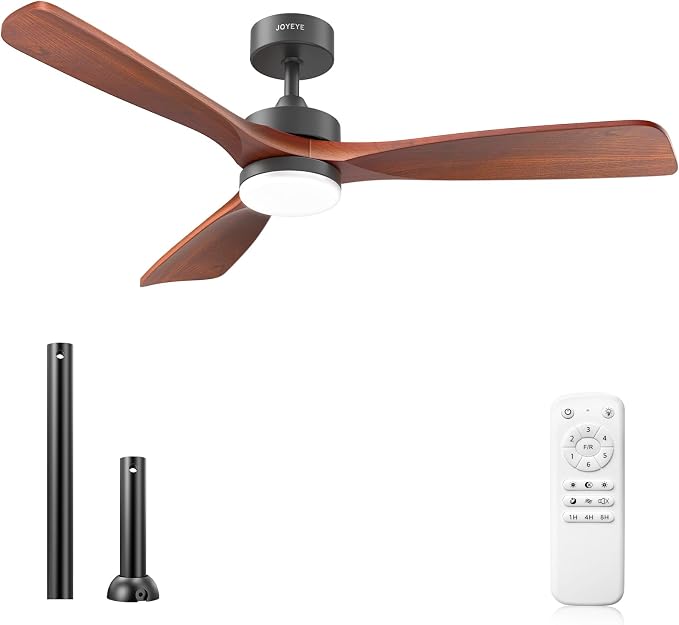52 Inch Ceiling Fans with Lights and Remote, Solid Wood 3 Blade Modern Ceiling Fan, Quiet DC Motor, 6 Speeds, Dimmable LED, Timer, Indoor & Covered Outdoor Living Room, Bedroom, Patio (Dark Walnut)