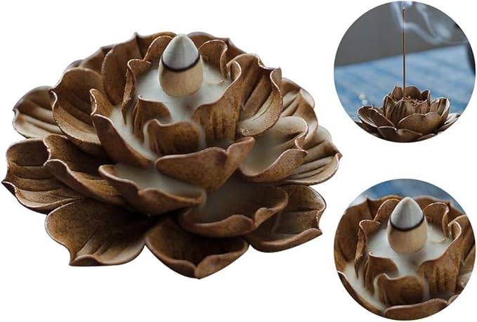 Collectible Handmade Chinese Ceramics, Large Ceramic Incense Stick Holder, Handicraft Lotus Fountain Backflow Incense Burner Bowl Ash Catcher Inscent Tray for Home Decor and Gift, 4.62 Inch, Gray
