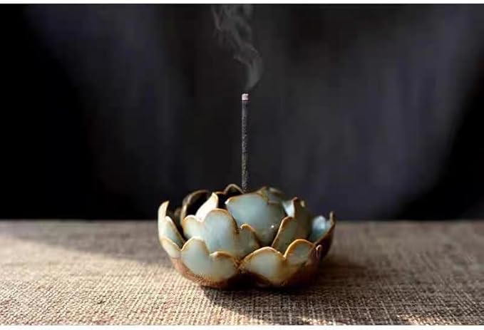 Collectible Handmade Chinese Ceramics, Medium Peony Ceramic Incense Stick Holder, Handicraft Flower Lotus Incense Burner Bowl Ash Catcher Inscent Tray for Home Decor and Gift, 2.55 Inch, Green