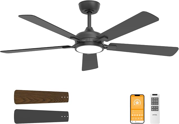OPONL Ceiling Fan with Light, Ceiling fan with Light and Remote Control, Reversible, 6CCT, Dimmable, Noiseless, Ceiling Fan for Bedroom, Indoor/Outdoor Use, Black, 52 inch, Classic