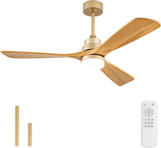 52 Inch Boho Ceiling Fans with Lights and Remote, Gold Ceiling Fan with Quite Reversible DC Motor, Dimmable LED Memory Function,Solid Wood Indoor Outdoor Ceiling Fan with Light for Patio Bedroom