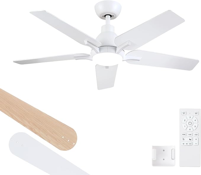 42 Inch Ceiling Fans with Lights and Remote, White Ceiling Fan, 5 Blade Modern Ceiling Fan for Bedroom, Living Room, Dining Room, Patio, Dimmable 6 Speeds DC Quiet